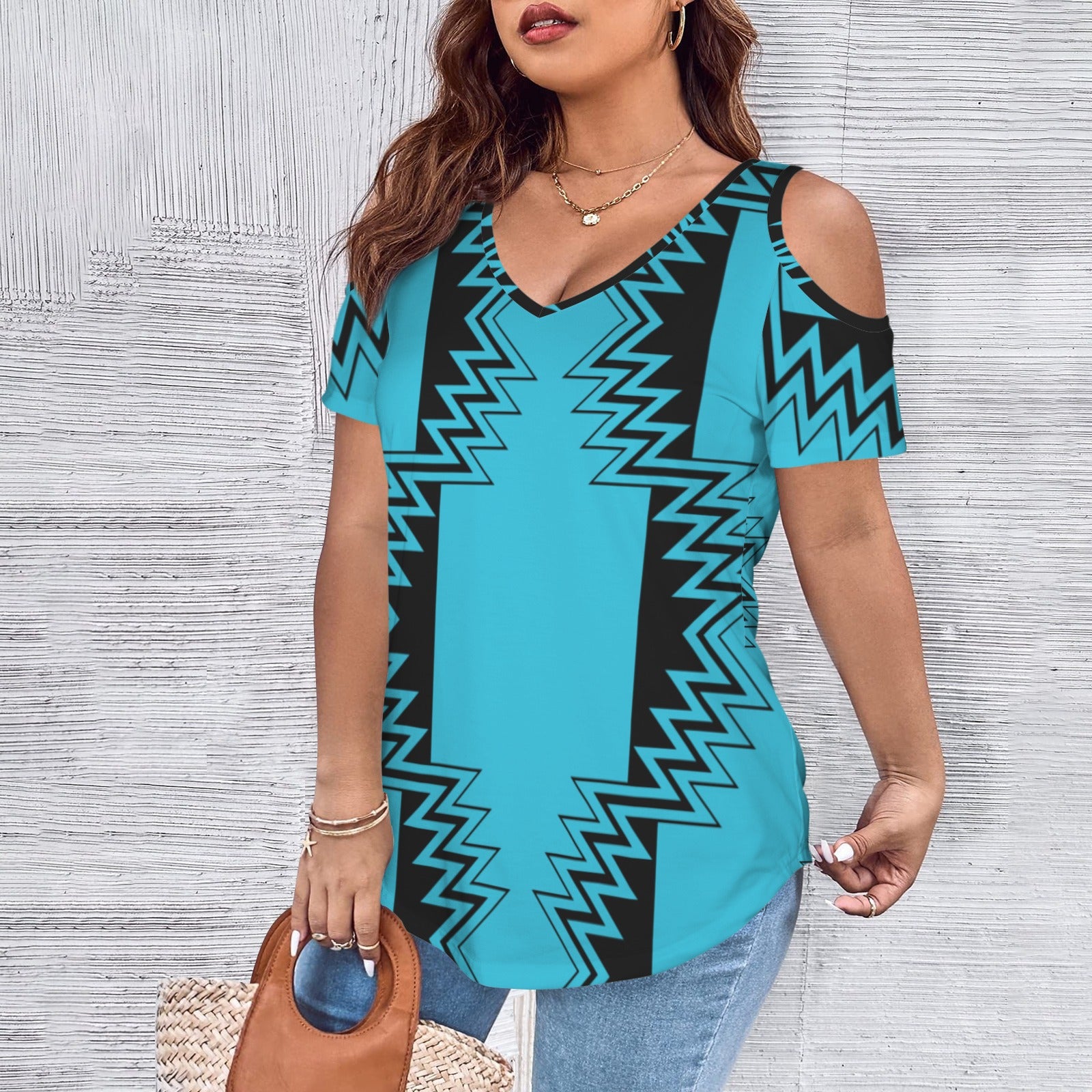 Blue V Neck Cold Shoulder Shirt