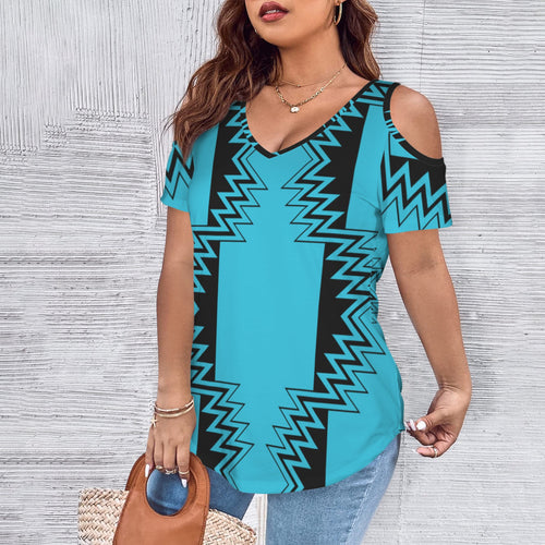 Blue V Neck Cold Shoulder Shirt