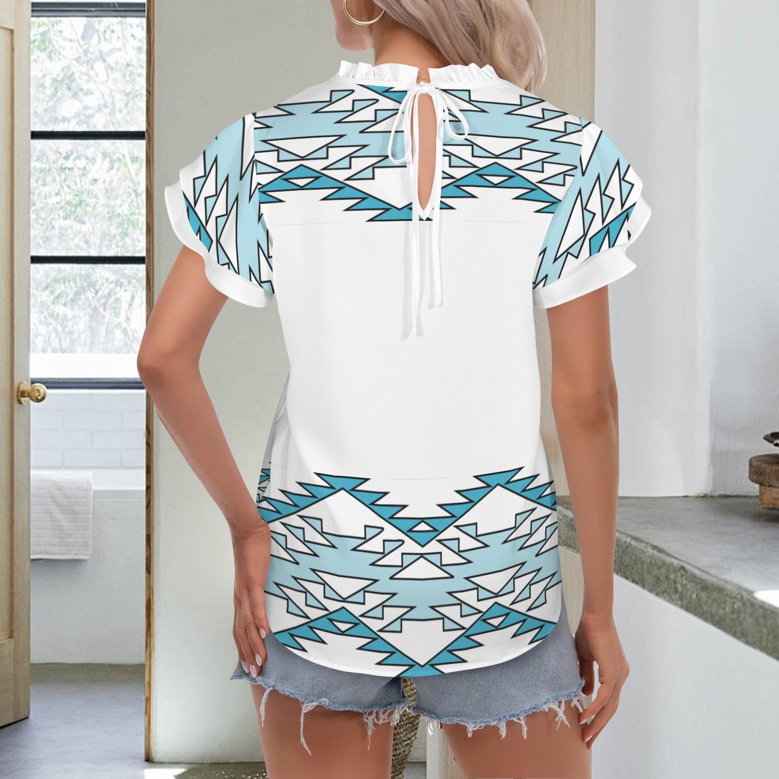 Neck Ruffle Sleeve Blouse
