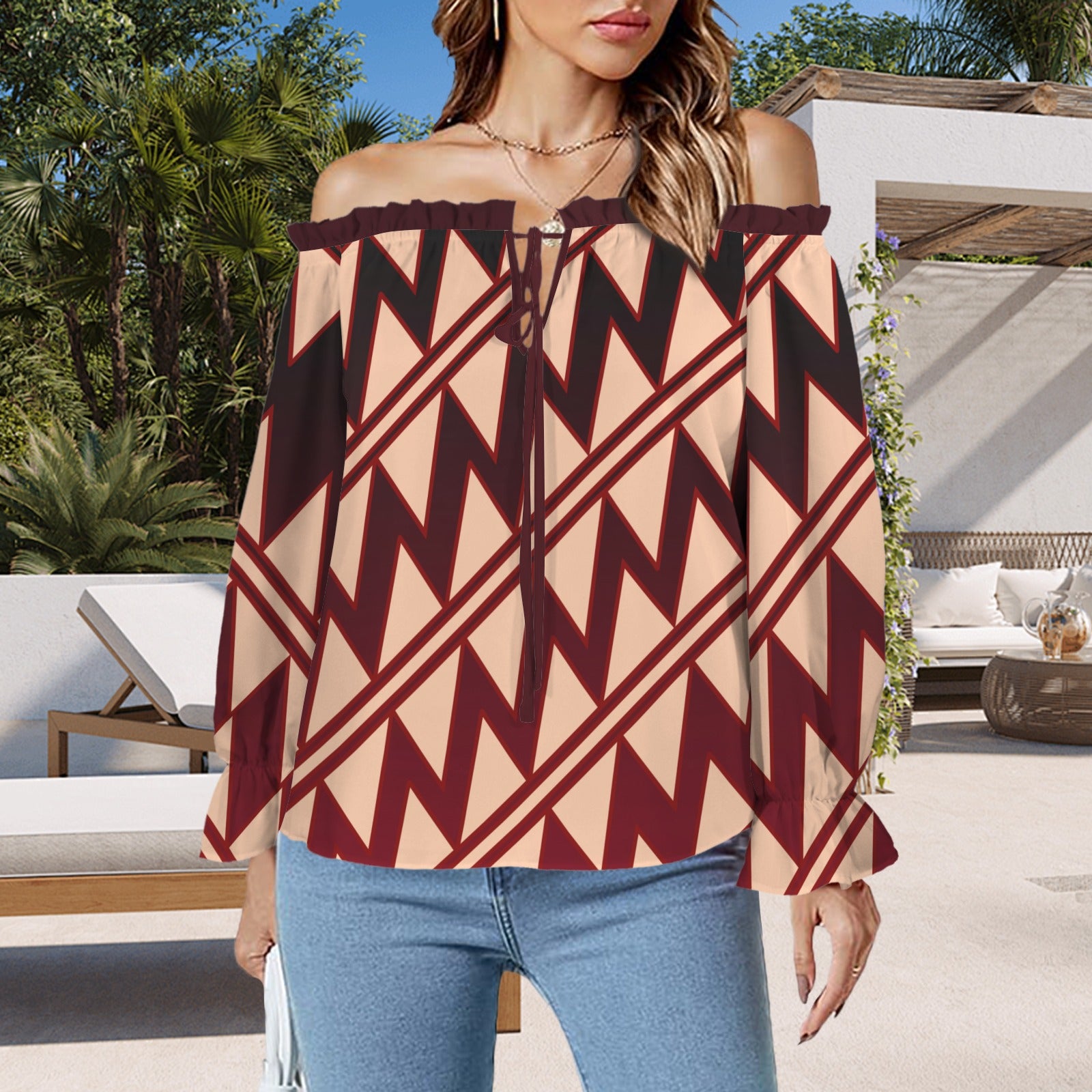 Onsidian Cream Shoulder Ruffle Sleeve Blouse