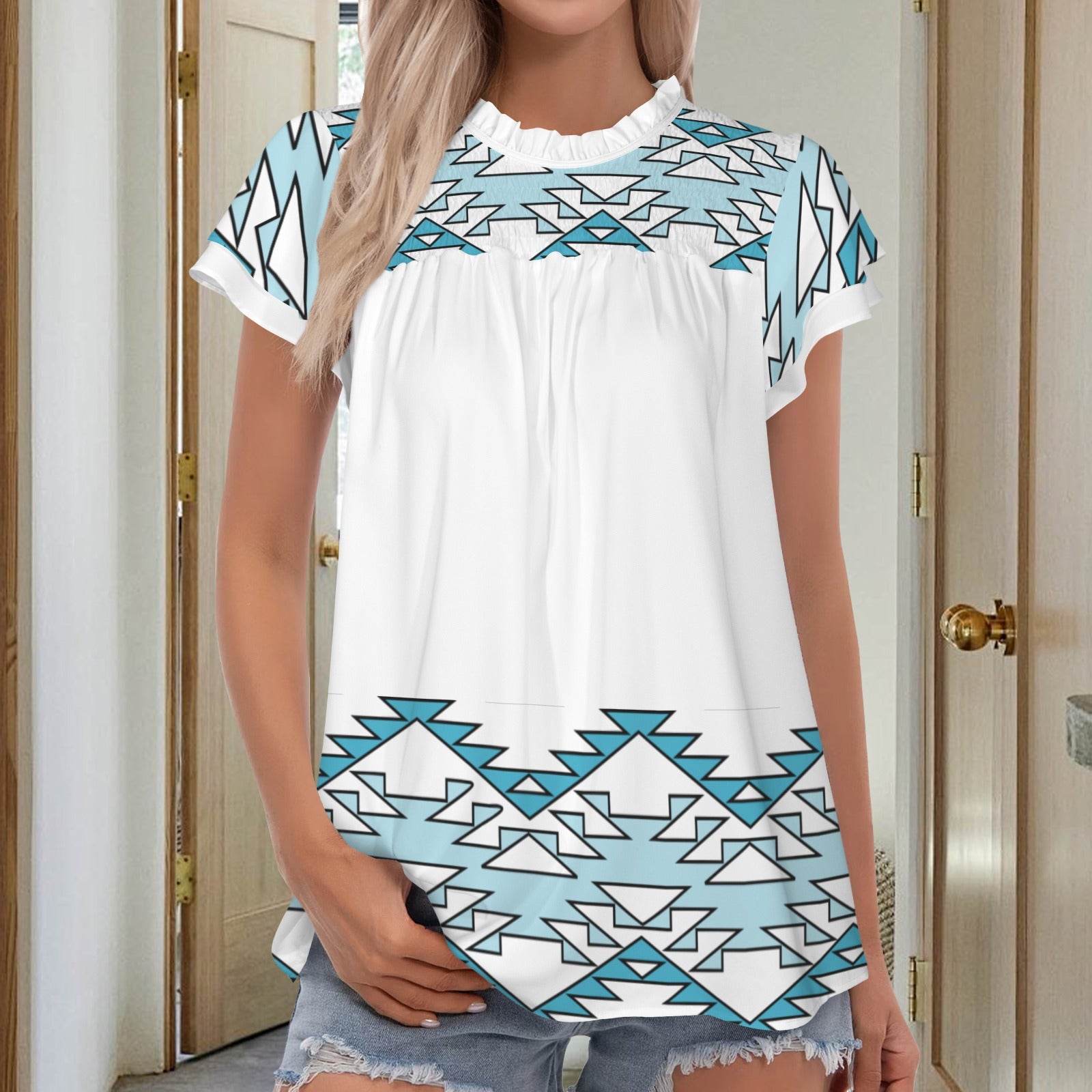 Neck Ruffle Sleeve Blouse