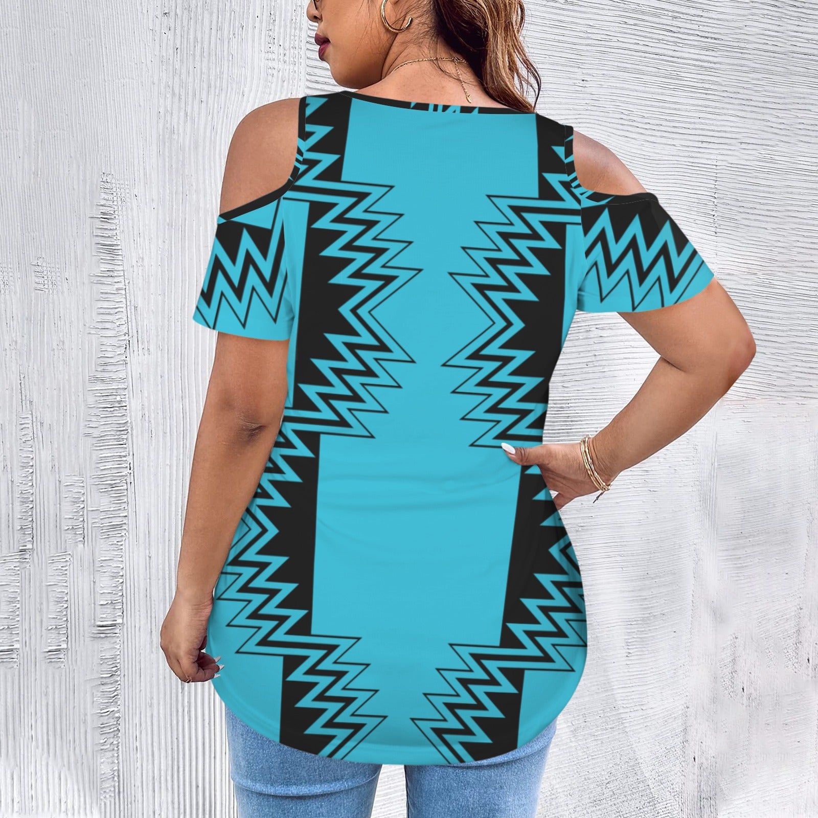Blue V Neck Cold Shoulder Shirt