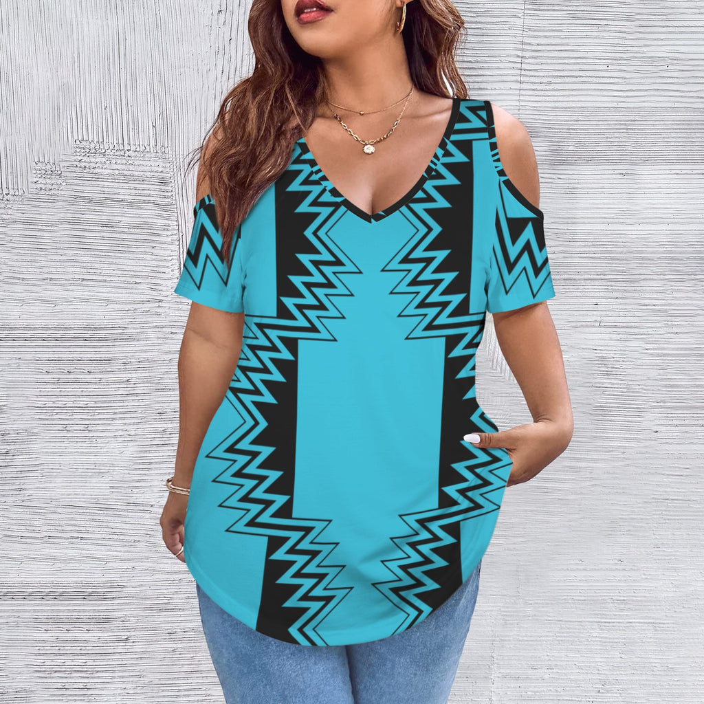 Blue V Neck Cold Shoulder Shirt