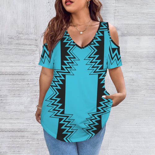Blue V Neck Cold Shoulder Shirt