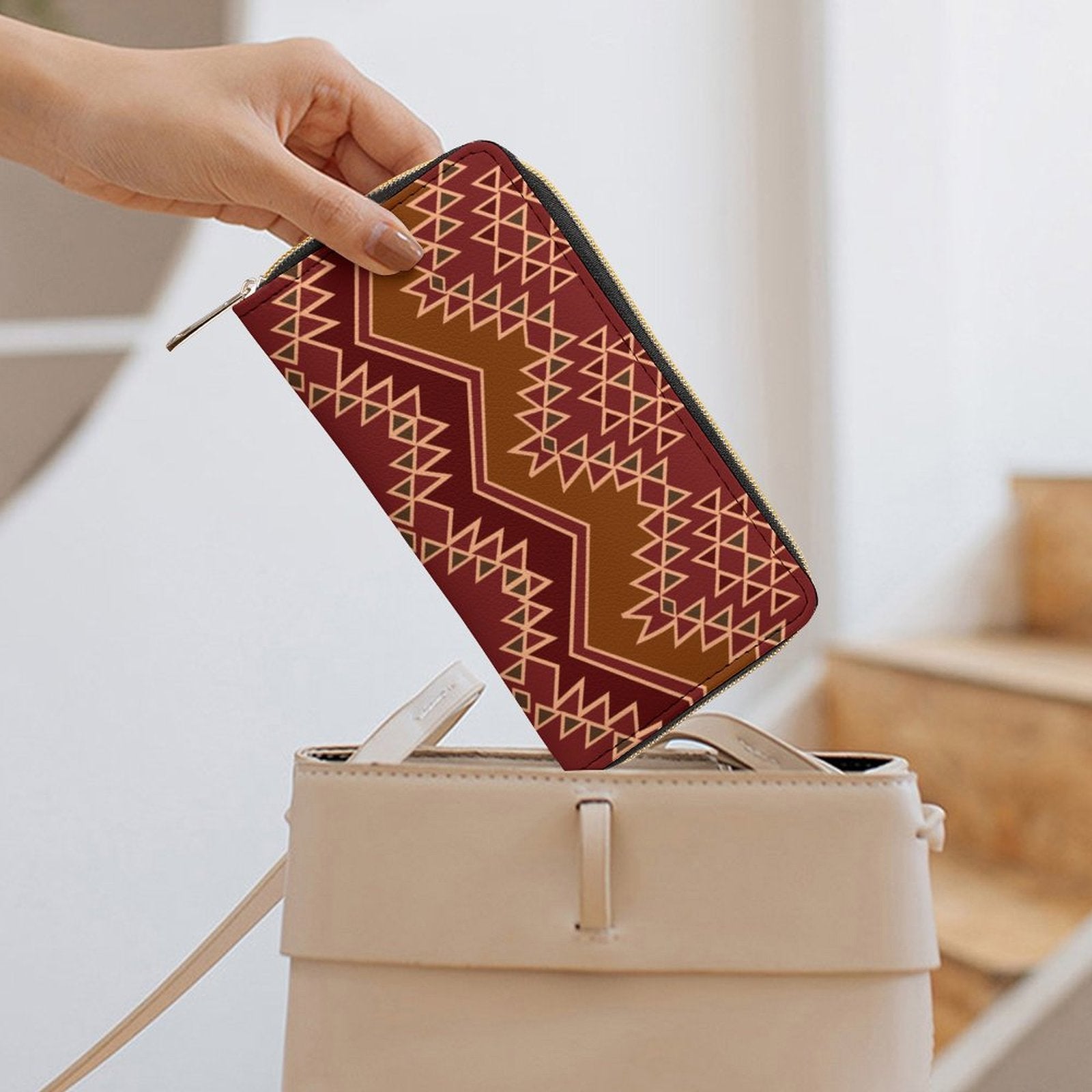Maroon Large Capacity Zip Around Wallet PU Leather Clutch Purse With Multi-Layer Slots
