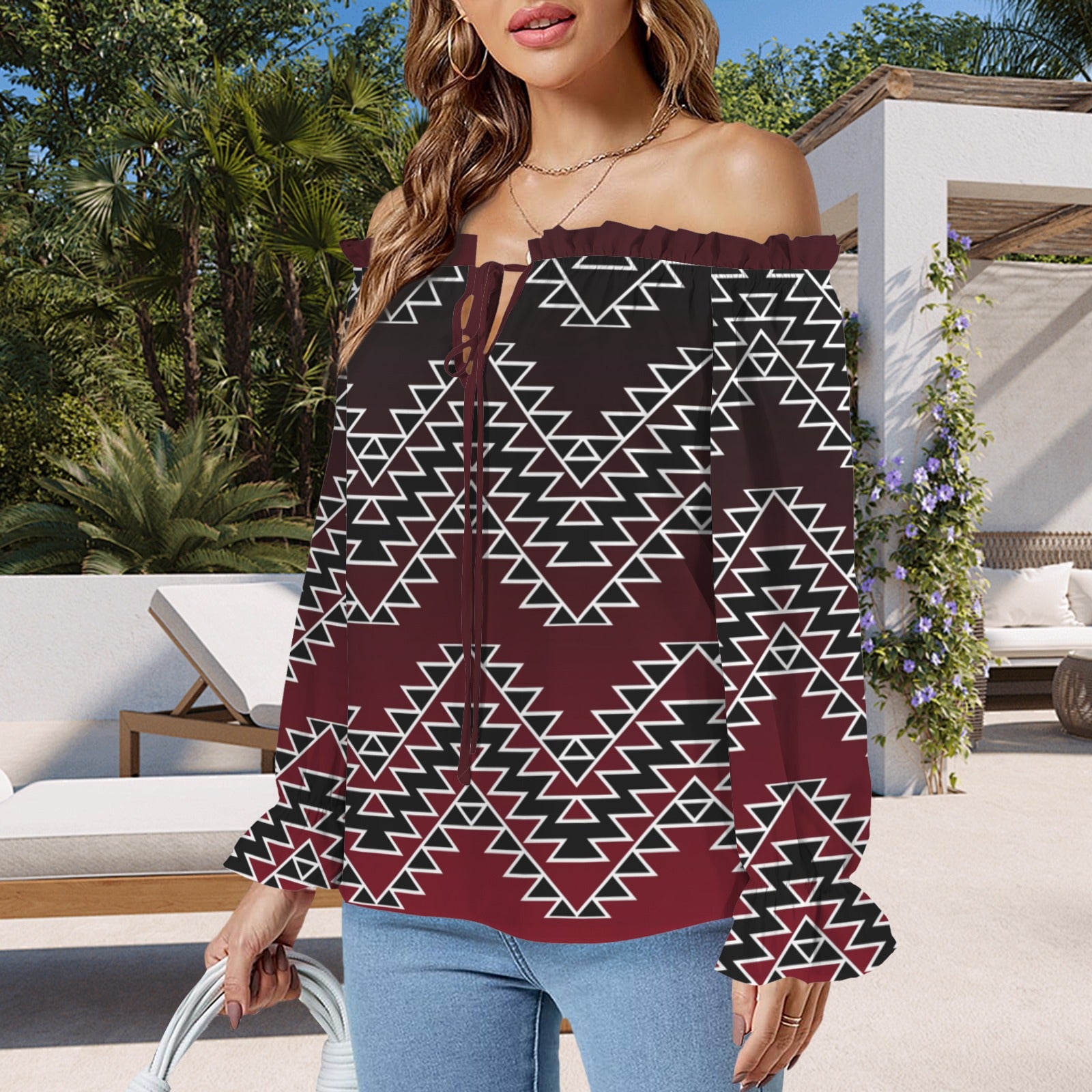 Tribal Design Shoulder Sleeve Ruffle Blouse