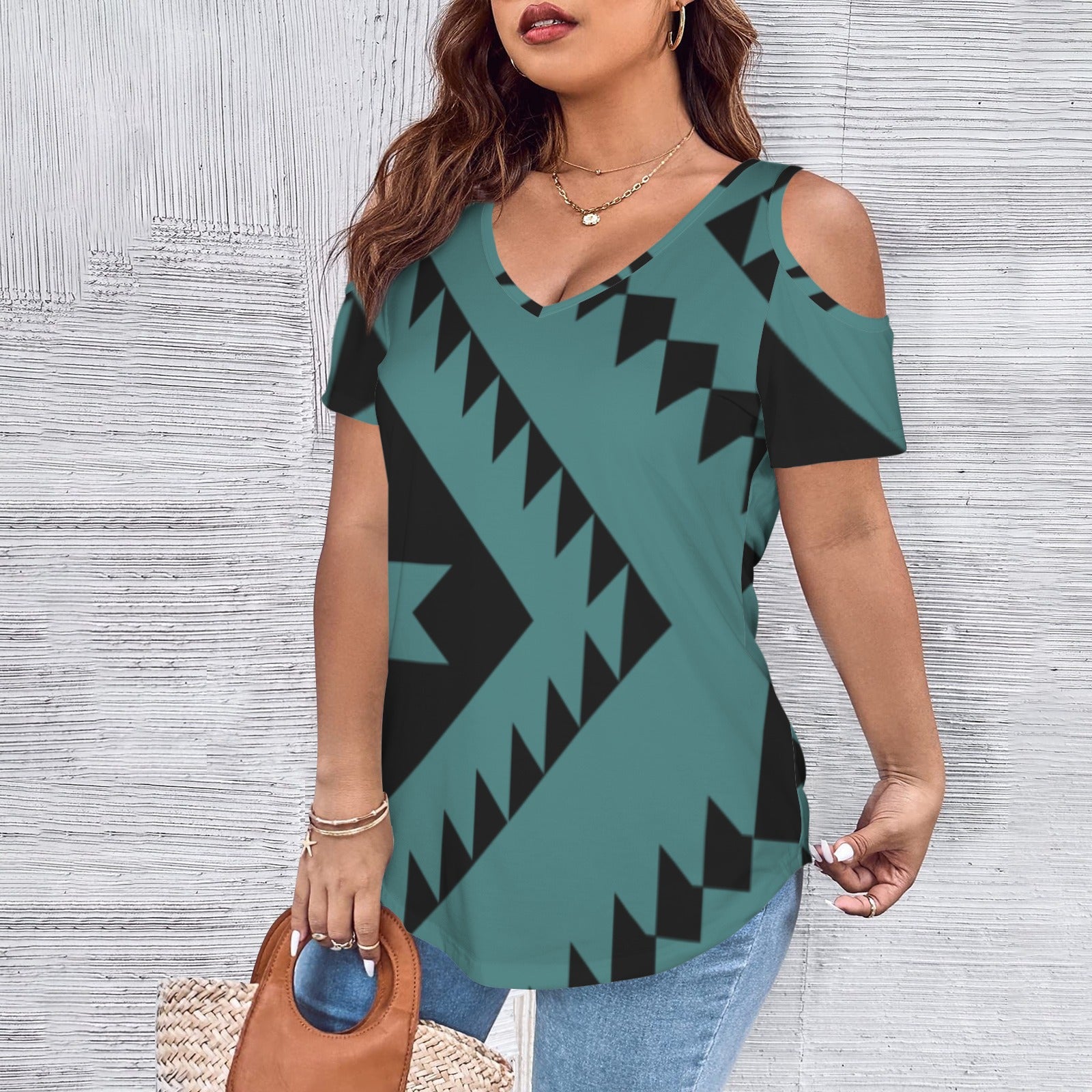 Tribal Design Open Shoulder Shirt