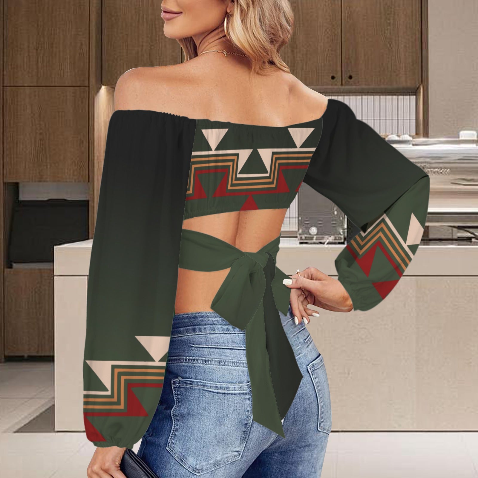 Off Shoulder Long Sleeve Cross Tie Back Crop Blouse