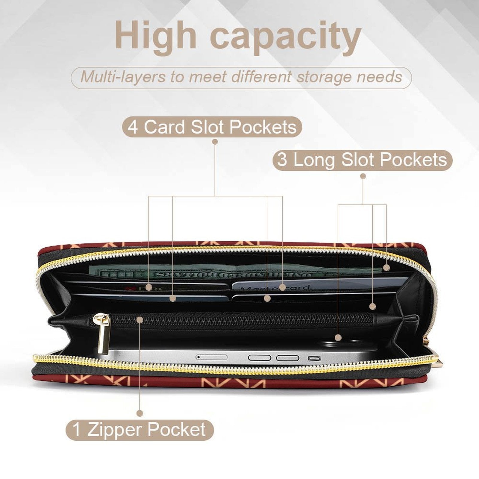 Maroon Large Capacity Zip Around Wallet PU Leather Clutch Purse With Multi-Layer Slots