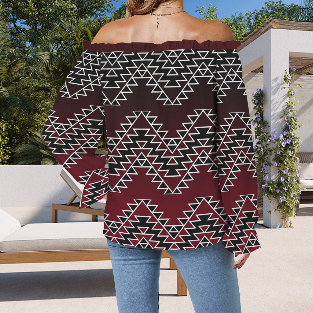 Tribal Design Shoulder Sleeve Ruffle Blouse